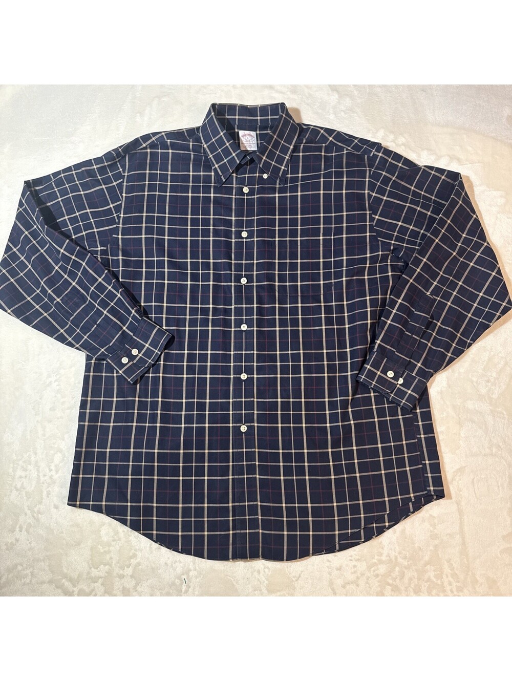 Brooks Brothers 346 Men's L Navy Windowpane Plaid Shirt Vintage